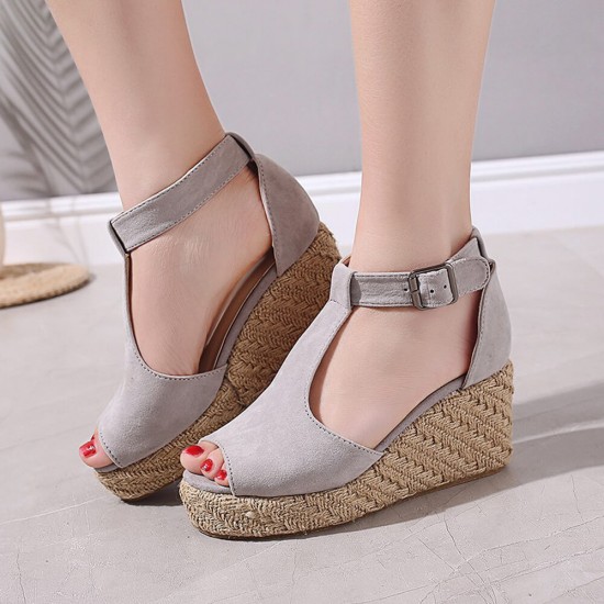 Women Peep Toe Buckle Up Wedge Heel Sandals -Grey