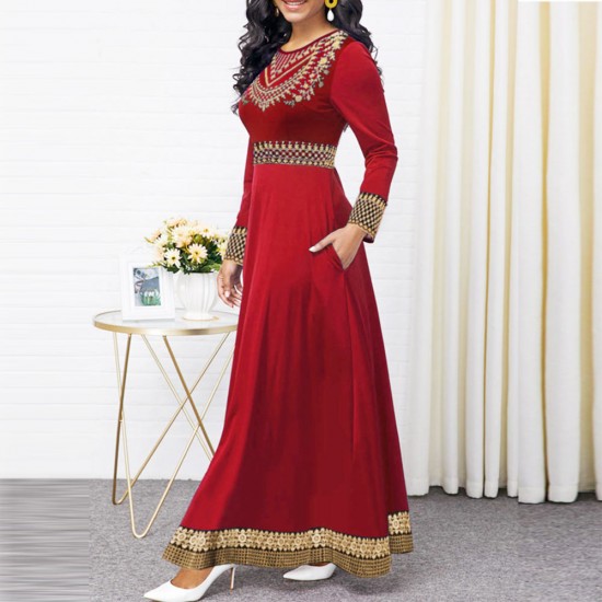 High Waist Retro Printed Round Neck Swing Maxi Dress -Red