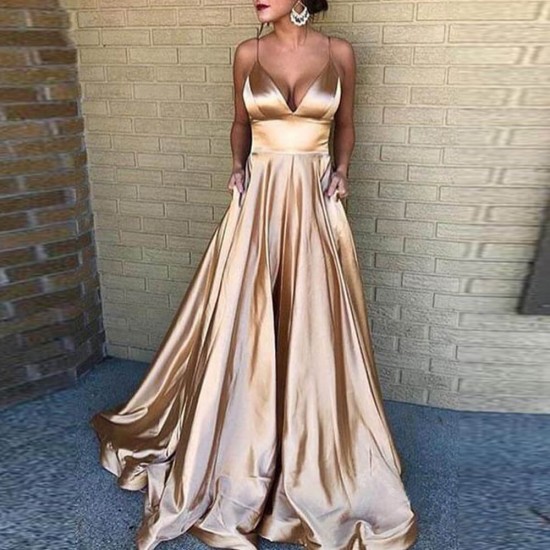 Halter v-neck Slim Waist Suspenders Long Skirt Dress -Gold