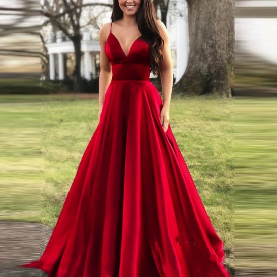 Halter v-neck Slim Waist Suspenders Long Skirt Dress - Red