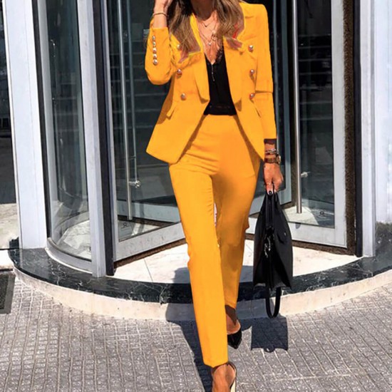 Designer Style Solid Slim Fit Coat & Pant Two Piece Suit -yellow