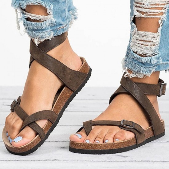 Roman Design Belt Style Buckled Flat Flip Sandals - Brown