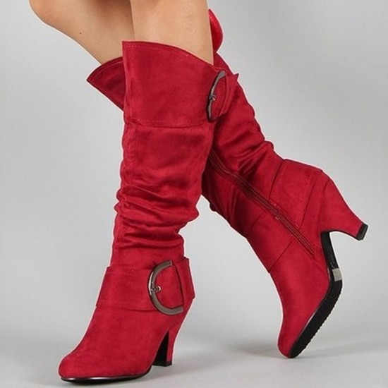 Chunky High Heels Buckle Mid Calf Boots - Red
