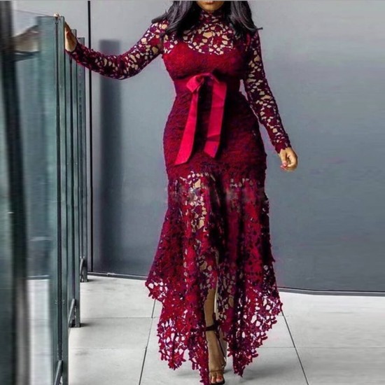 Hollow Out Lace Irregular Romper Maxi Dress- Maroon