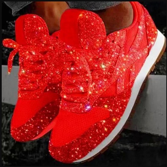 Womens Bling Glitter Laces Up Sneaker Shoes - Red