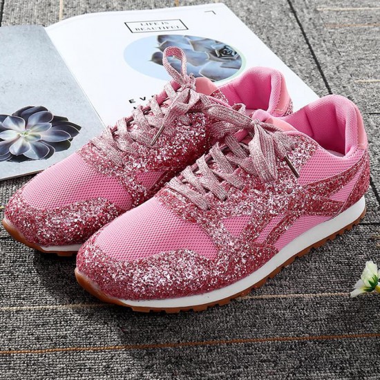 Womens Bling Glitter Laces Up Sneaker Shoes - Pink