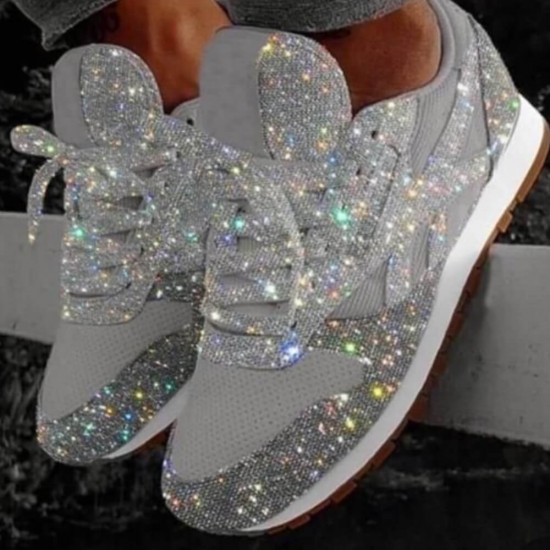 Womens Bling Glitter Laces Up Sneaker Shoes - Grey