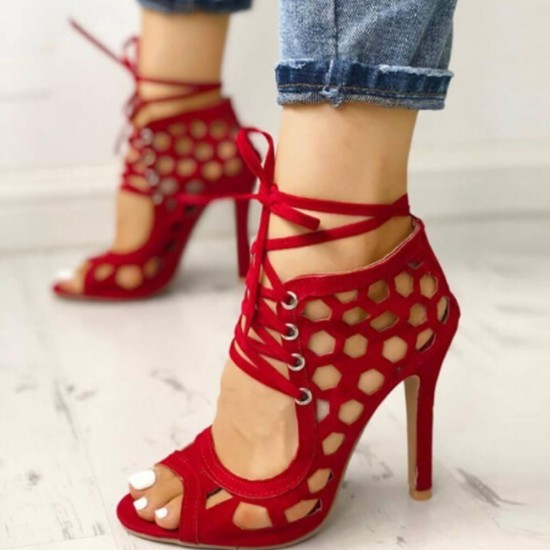 Stiletto Hollow High Heel Open Toe Lace Up Sandal -Red