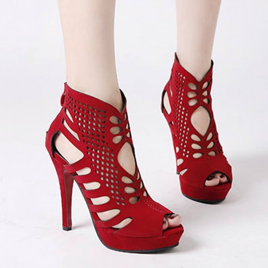 Roman Style Hollow Out Fish Mouth High Heeled Sandals -Red