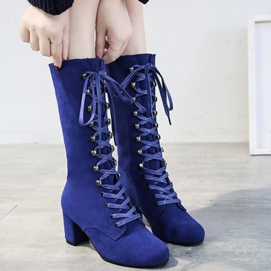 Retro Lace Up Square High Heel Mid-Calf Boots -Blue