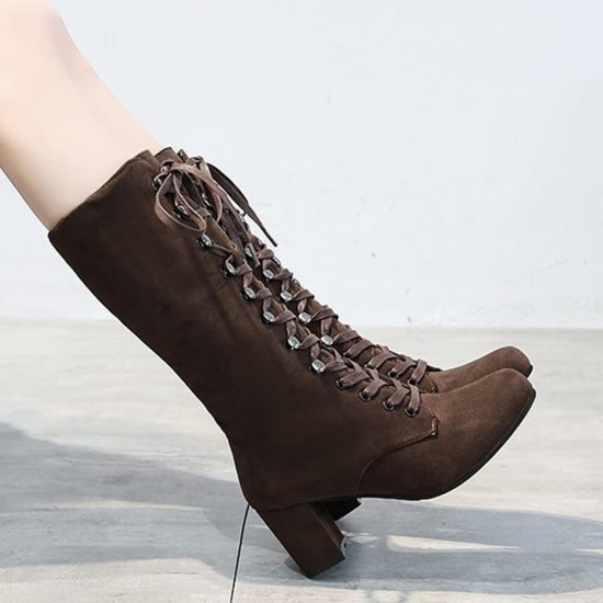 Retro Lace Up Square High Heel Mid-Calf Boots -Brown