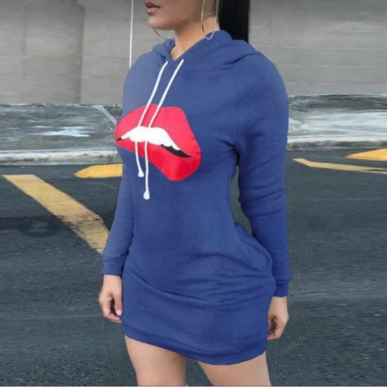 Trendy Lip Print Casual Long Sleeved Hoodie - Blue