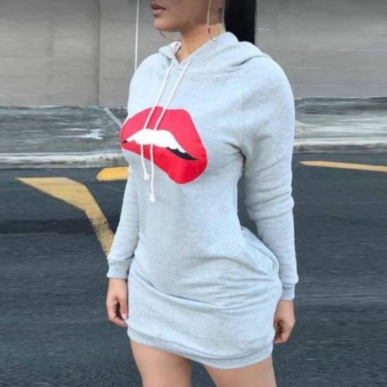 Trendy Lip Print Casual Long Sleeved Hoodie - Grey