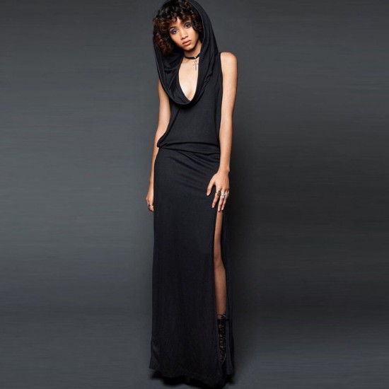 Classic Sleeveless Open Back Hooded Maxi Dress - Black |image
