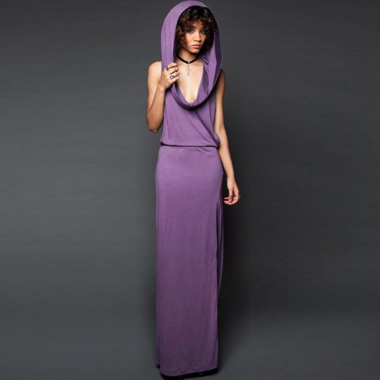 Classic Sleeveless Open Back Hooded Maxi Dress - Purple