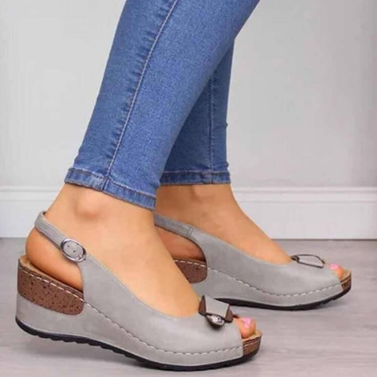 Peep Toe Buckle Casual Wedge Sandals -Grey |image