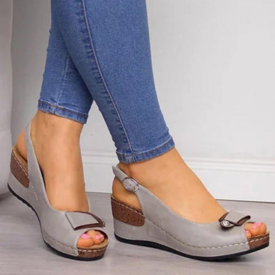 Peep Toe Buckle Casual Wedge Sandals -Grey