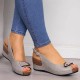 Peep Toe Buckle Casual Wedge Sandals -Grey |image