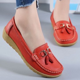Soft Leather with Rubber Sole Slip On Loafer Flats -Red