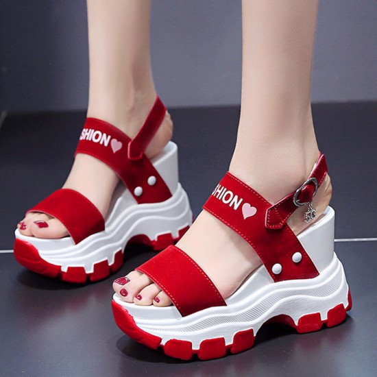 Thick Bottom Back Strapped Heels Wedge Sandals -Red |image