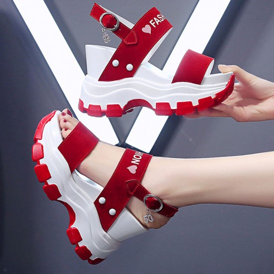 Thick Bottom Back Strapped Heels Wedge Sandals -Red |image