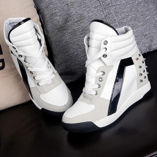 Lace up Rivet Mid Calf Boot Sneakers Shoes -White |image