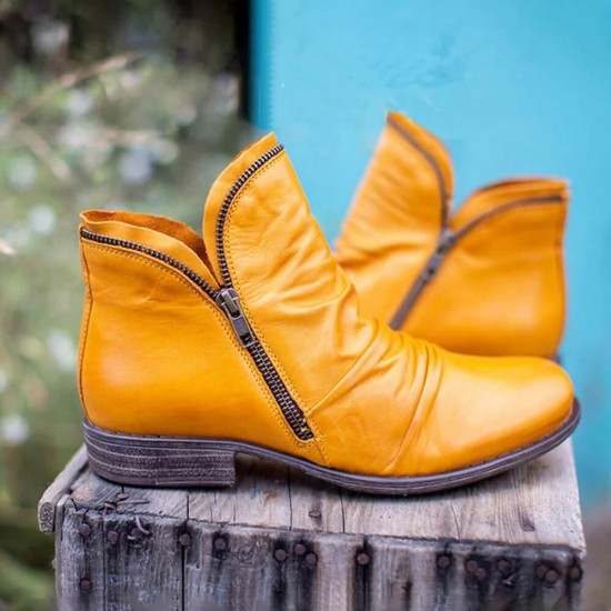 Round Double Zipper Comfortable Ankle Boots -Yellow |image