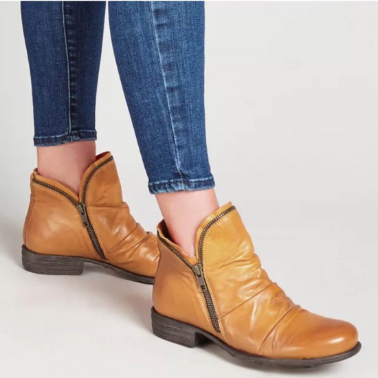 Round Double Zipper Comfortable Ankle Boots -Yellow |image