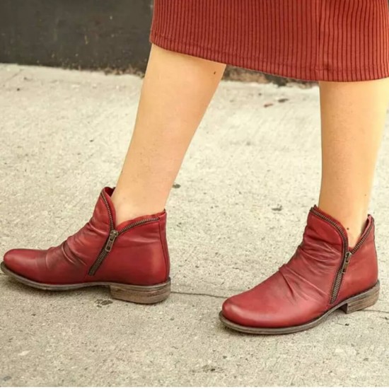 Round Double Zipper Comfortable Ankle Boots -Red |image