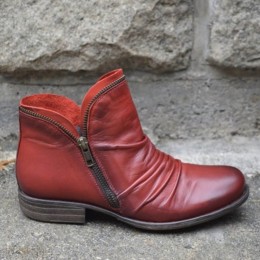 Round Double Zipper Comfortable Ankle Boots -Red