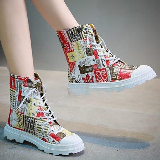 Laces up Printed Round Toe Martin Boots - Red Laces up Printed Round Toe Martin Boots - Red |image