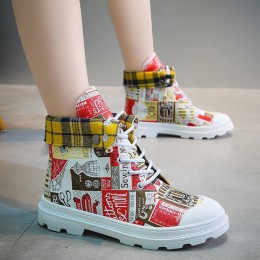 Laces up Printed Round Toe Martin Boots - Red