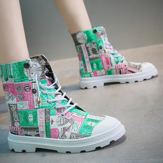 Laces up Printed Round Toe Martin Boots - Green |image