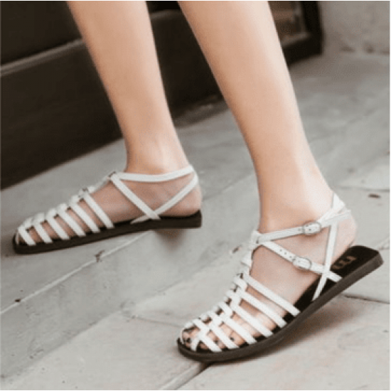 Hollow Out Flat Buckle Retro Roman Sandals -White |image