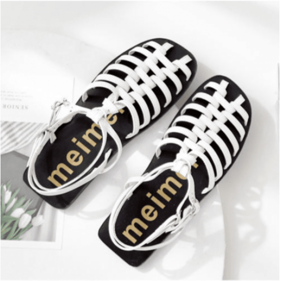 Hollow Out Flat Buckle Retro Roman Sandals -White |image