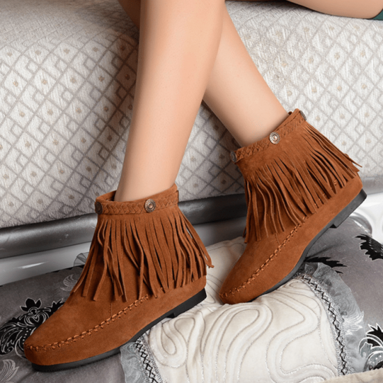 Suede Braided Stitched Tassel Decor Boots -Brown |image