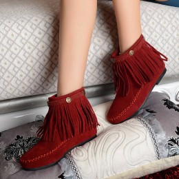Suede Braided Stitched Tassel Decor Boots -Red