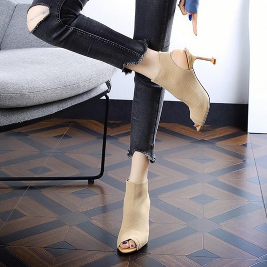 Knitted Elastic Fish Mouth High Heel Sandals -Brown |image