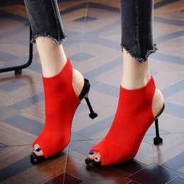 Knitted Elastic Fish Mouth High Heel Sandals -Red