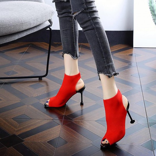 Knitted Elastic Fish Mouth High Heel Sandals -Red Knitted Elastic Fish Mouth High Heel Sandals -Red |image