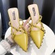 Rivets Decorated Pointed Toe Mid Heel Slippers- Yellow |image