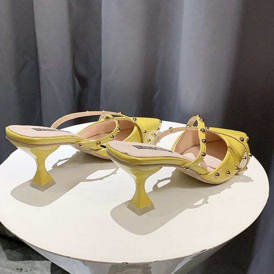 Rivets Decorated Pointed Toe Mid Heel Slippers- Yellow |image