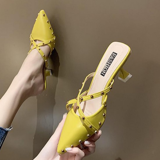 Rivets Decorated Pointed Toe Mid Heel Slippers- Yellow |image
