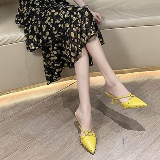 Rivets Decorated Pointed Toe Mid Heel Slippers- Yellow |image
