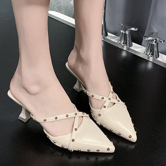 Rivets Decorated Pointed Toe Mid Heel Slippers-Cream Rivets Decorated Pointed Toe Mid Heel Slippers-Cream |image
