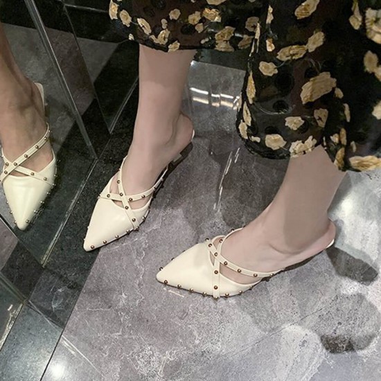 Rivets Decorated Pointed Toe Mid Heel Slippers-Cream Rivets Decorated Pointed Toe Mid Heel Slippers-Cream |image