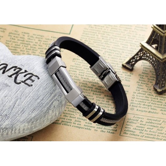 Men's Handmade Silver Tone Stainless Steel Silicone Fashion Bracelet SB-01S image