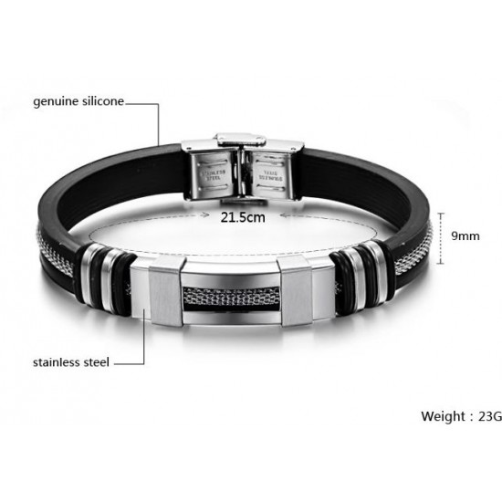 Men's Handmade Silver Tone Stainless Steel Silicone Fashion Bracelet SB-01S image