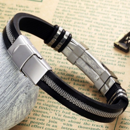 Men's Handmade Silver Tone Stainless Steel Silicone Fashion Bracelet SB-01S image