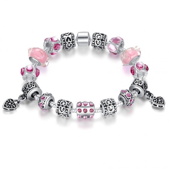 European Charm Pink Bead Bracelet With Red Ziron Silver Plate For Women CBD-10PK European Charm Pink Bead Bracelet With Red Ziron Silver Plate For Women CBD-10PK